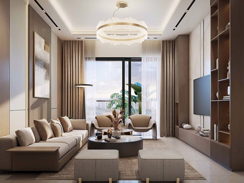 Living room interior with balcony access in a Utpalaa residence