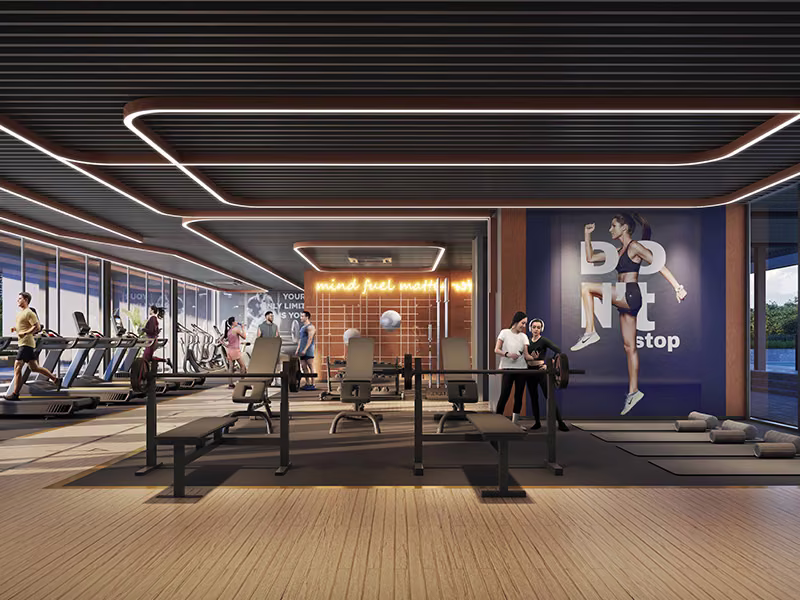 Clubhouse gymnasium with city views