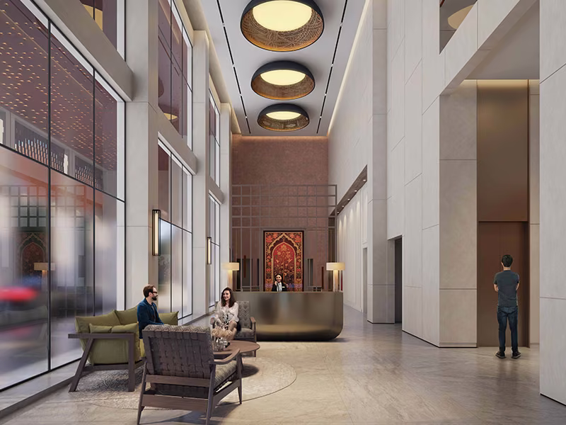 Tower lobby with double-height entrance