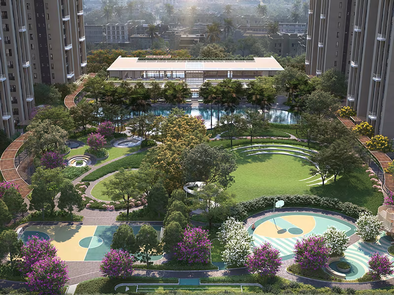 Aerial view of the central podium with lawns, pool and play areas
