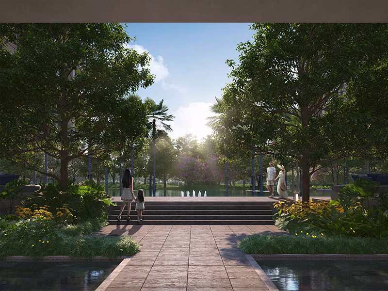 Landscaped pavilion and seating deck under mature trees