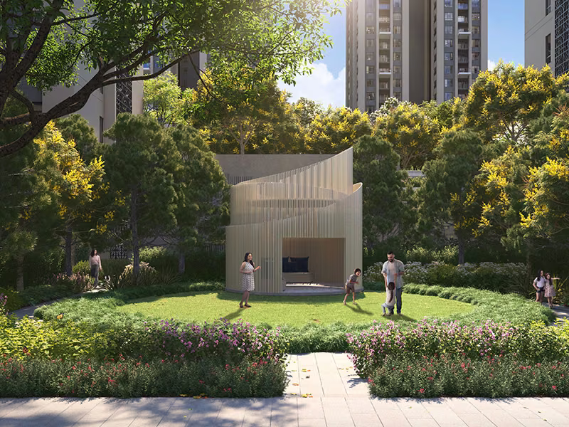 Open lawn and garden pavilion within the podium